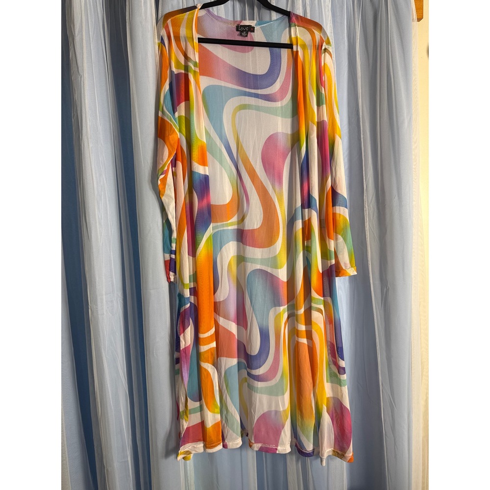 Love Mesh Duster Cardigan Womens 3X Multicolor Psychedelic Swirl 70s